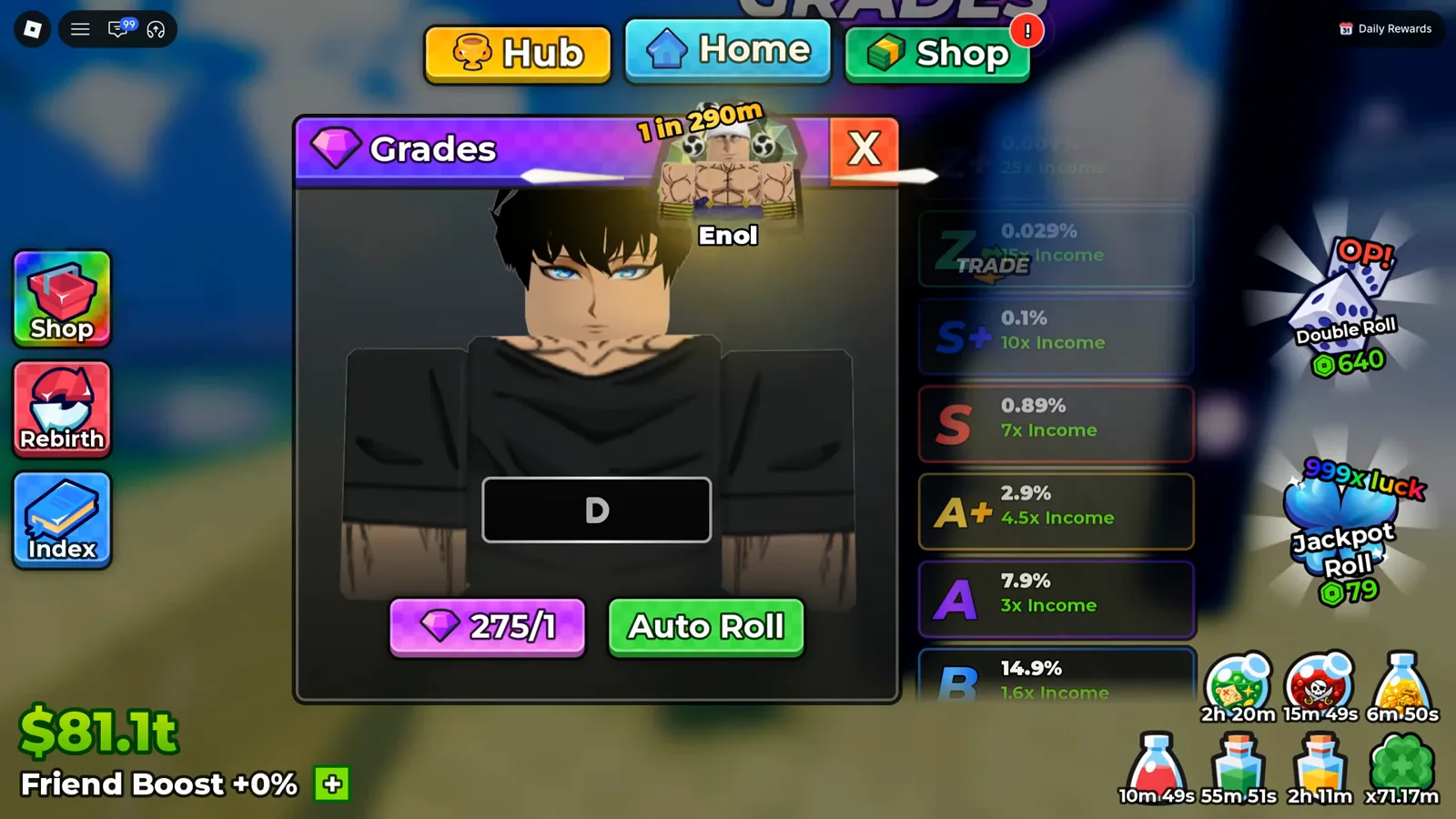 One Gem per roll: the balance counts down 302 → 275 → 249 as each attempt spends a single gem Anime Dice Grades panel on the unit Enol with the current-grade box reading D and the pink gem pill showing 275/1 next to the Auto Roll button