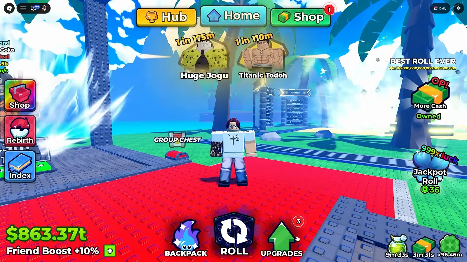Anime Dice hub with a small red-and-grey chest on the ground beneath a GROUP CHEST sign, the nameplates Huge Jogu at 1 in 175m and Titanic Todoh at 1 in 110m floating behind it, and the Hub, Home and Shop buttons along the top of the screen