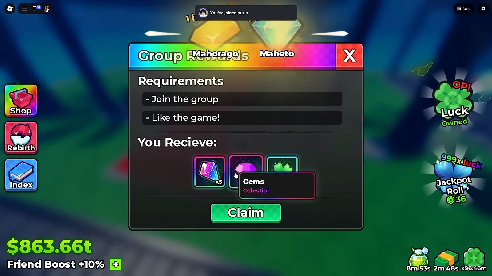 Anime Dice Group Rewards panel with the cursor on the middle reward tile and its tooltip open, reading Gems with the rarity word Celestial beneath it, while the pink holographic crystal at x5 and the green four-leaf clover at x2 sit unhovered either side