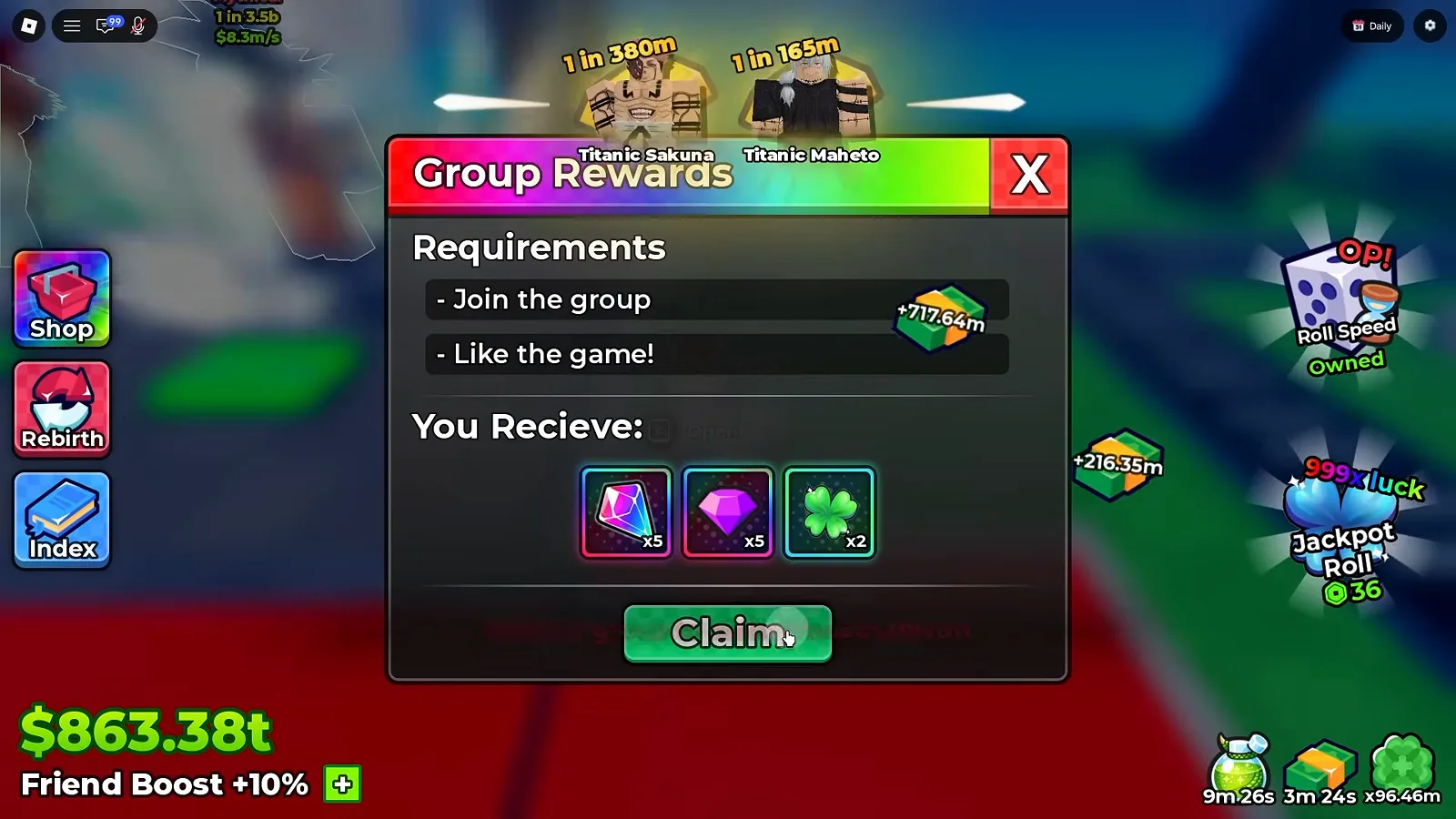 Anime Dice Group Rewards panel open over the hub, its rainbow gradient title bar reading Group Rewards beside a red X, a Requirements heading carrying the two lines Join the group and Like the game!, then a You Recieve heading over three reward tiles — a pink holographic crystal at x5, a purple gem at x5 and a green four-leaf clover at x2 — with a green Claim button below them