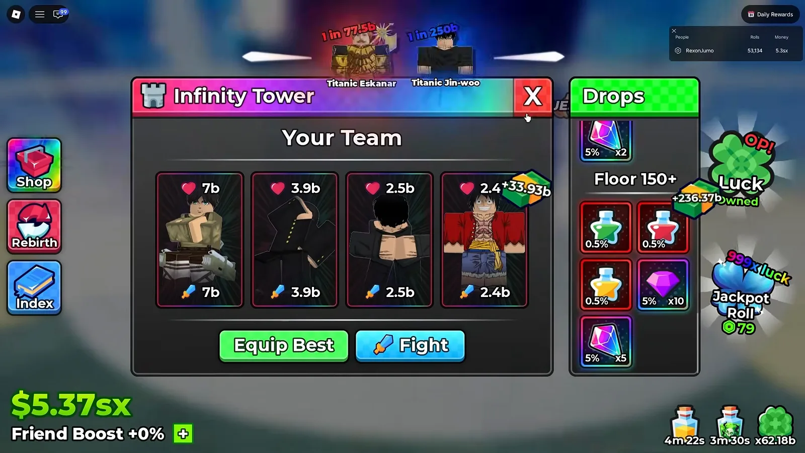 Infinity Tower panel in Anime Dice showing the same four-slot Your Team layout as the Hidden Leaf Tower but with a Drops column gated behind a Floor 150 plus header and star-shaped potion icons at 0.5 percent