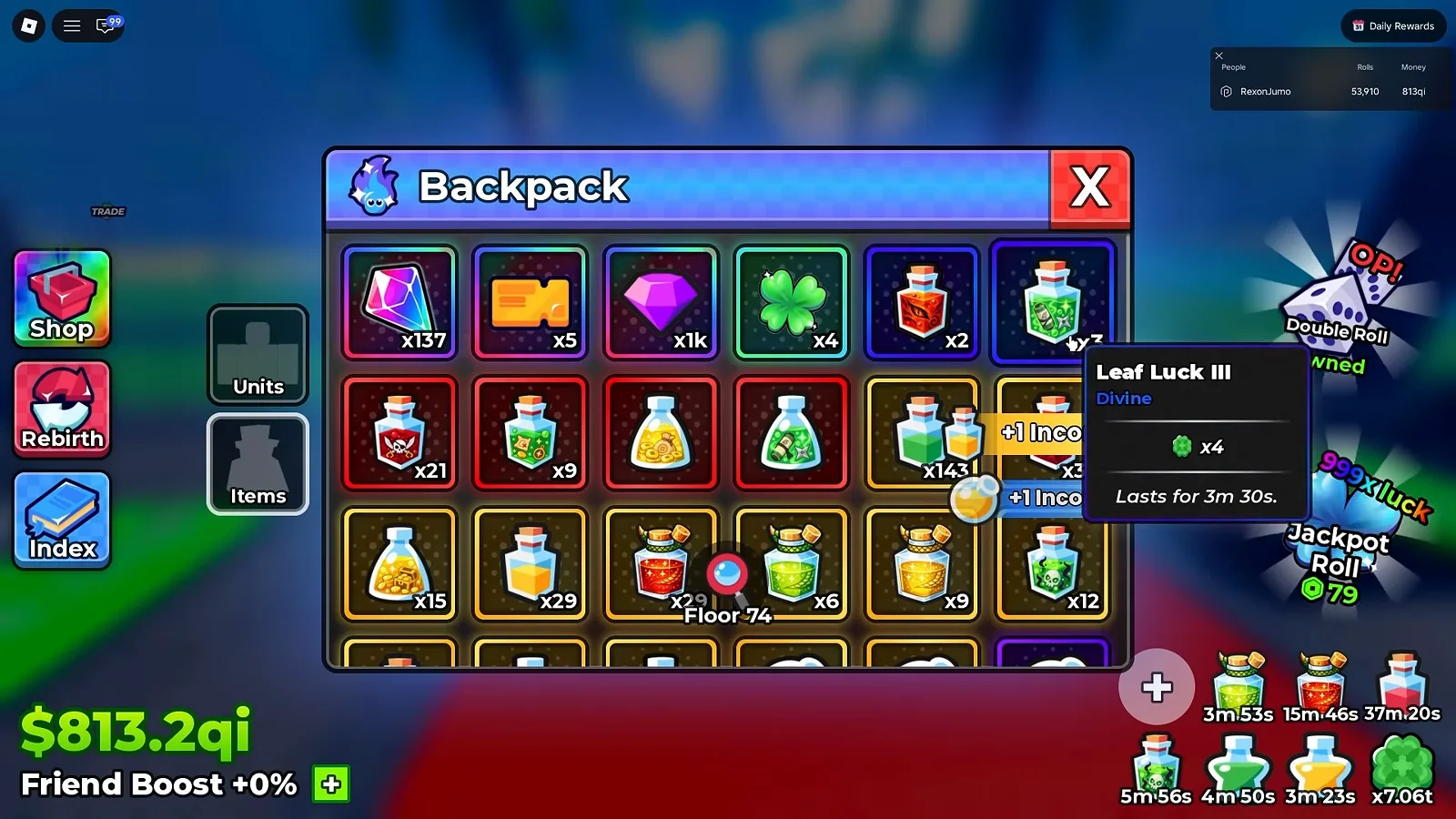 Backpack Items grid in Anime Dice with a tooltip open over a green potion reading Leaf Luck III at Divine rarity with a four times luck multiplier and a duration of three minutes thirty seconds