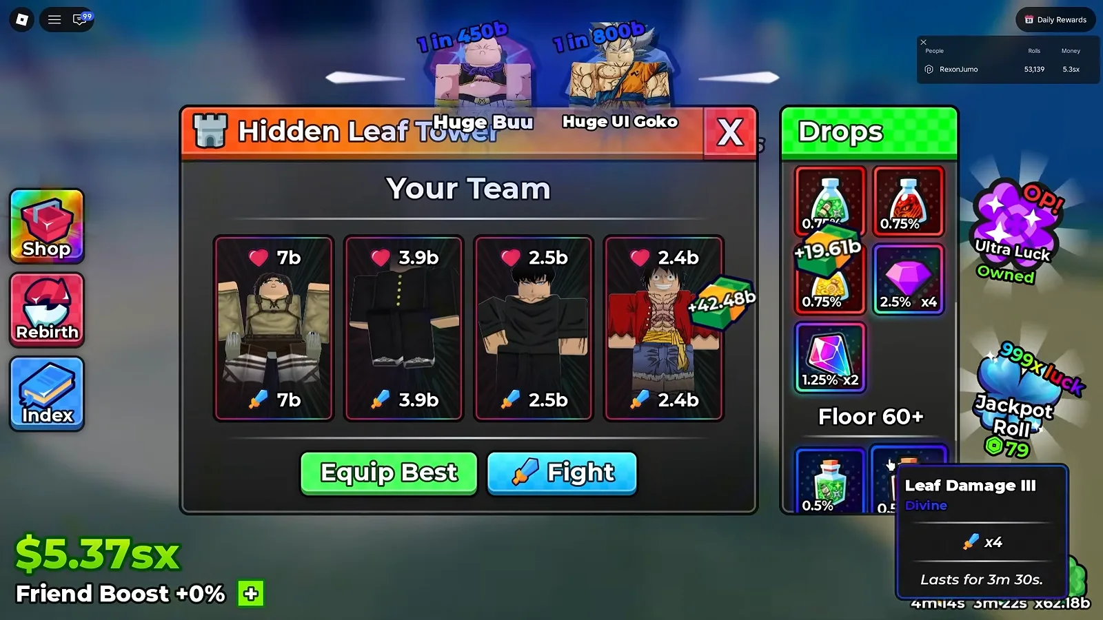 Hidden Leaf Tower panel in Anime Dice at UPD 4 with the Your Team heading over four filled unit cards showing heart and sword values, Equip Best and Fight buttons below, and a Drops column on the right ending in a Floor 60 plus band