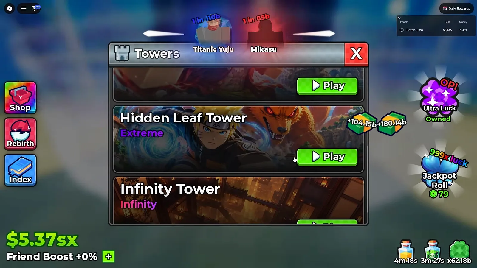 Anime Dice Towers menu scrolled one row further down than the previous frame, showing the Hidden Leaf Tower row with its purple Extreme label directly above the Infinity Tower row labelled Infinity
