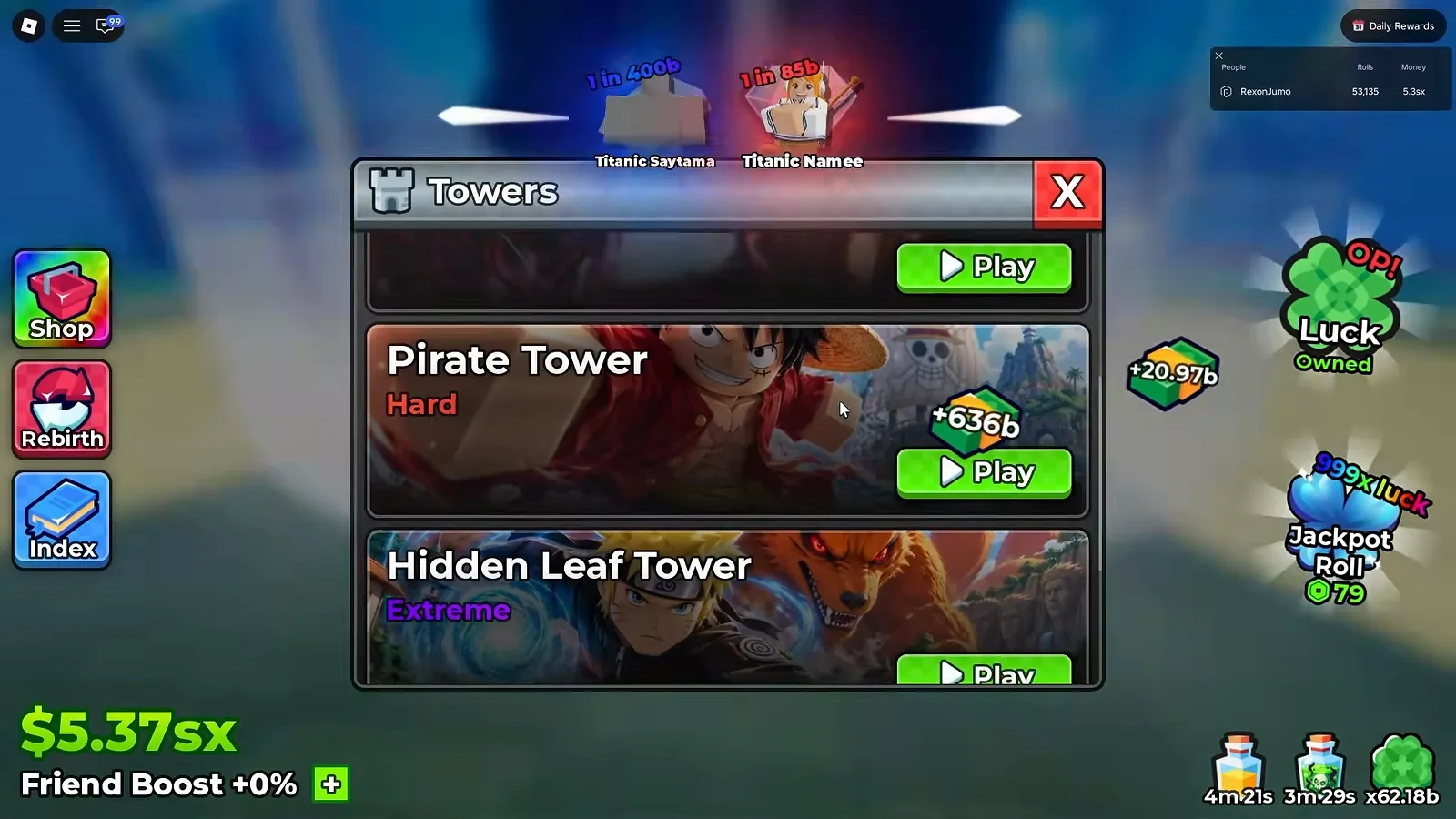Anime Dice Towers menu scrolled to show the Pirate Tower row marked Hard directly above the new Hidden Leaf Tower row marked Extreme, each with a green Play button and the Hidden Leaf banner art of a blond ninja beside a nine-tailed fox