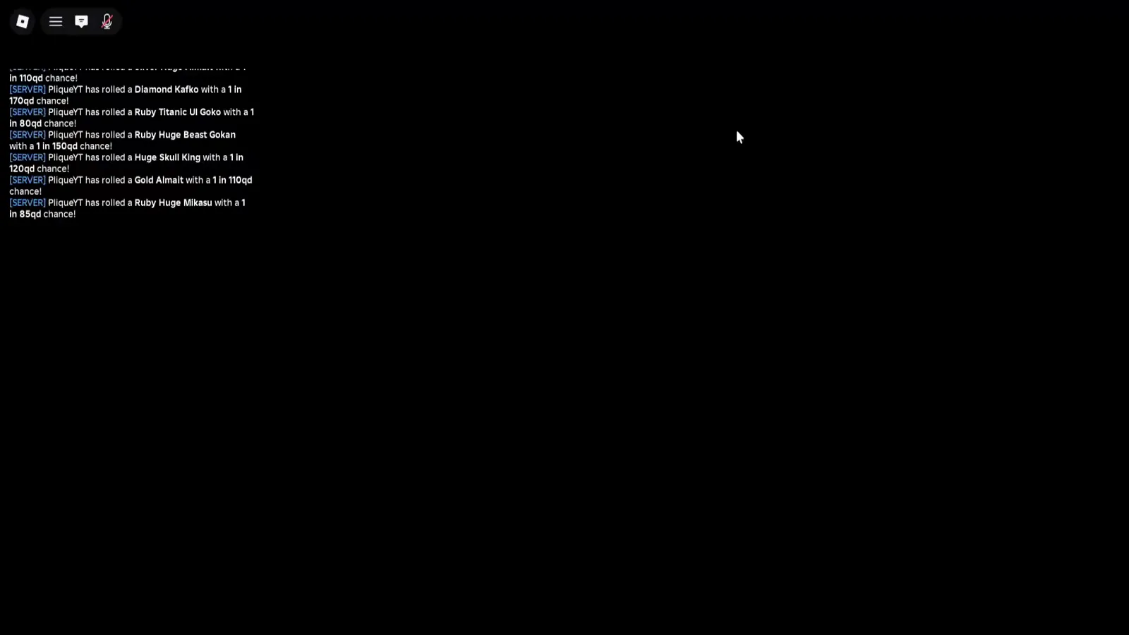 アニメダイスのロールログが黒背景に映り、SERVER行にDiamond Kafko（1 in 170qd）、Ruby Titanic UI Goko（1 in 80qd）、Ruby Huge Beast Gokan（1 in 150qd）、Huge Skull King（1 in 120qd）、Gold Almait（1 in 110qd）、Ruby Huge Mikasu（1 in 85qd）が並んでいる