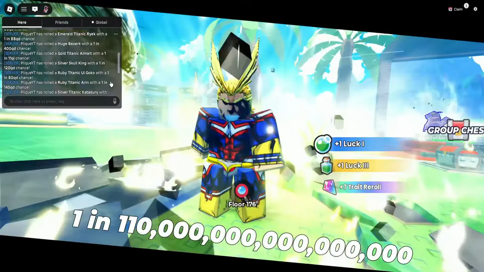 アニメダイスのRobloxチャット窓がハブの場面に重ねて開かれ、SERVER行にEmerald Titanic Ryek（1 in 88qd）、Huge Bezerk（1 in 400qd）、Gold Titanic Almait、Silver Skull King、Ruby Titanic UI Goko、Ruby Titanic Arinが流れ、画面下には1 in 110,000,000,000,000,000の大きな白文字の告知が横断している