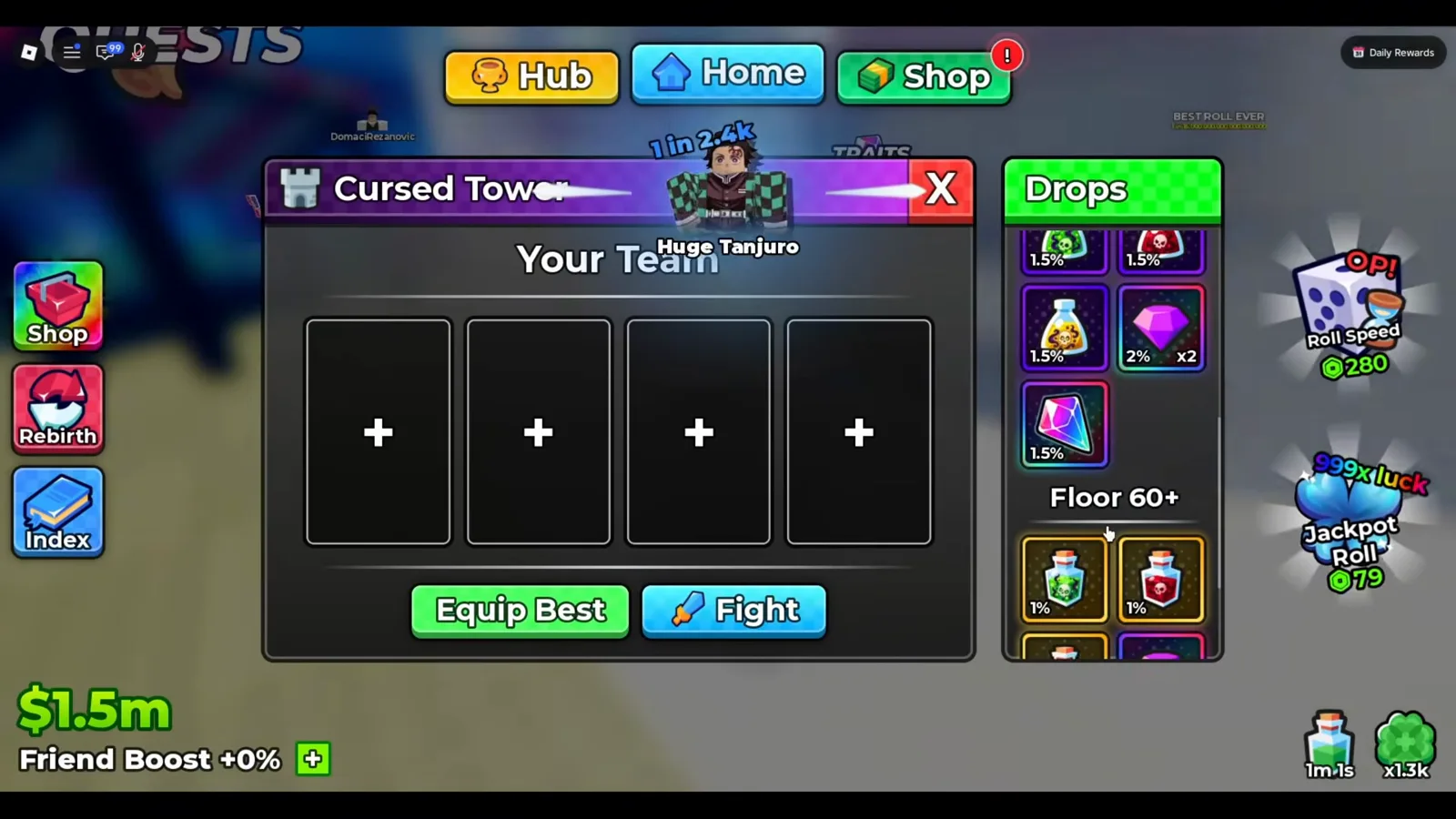 アニメダイスのCursed Towerチームパネル。Your Team下に4つの空スロットがあり、Equip BestとFightボタン、右側にDrops列が並ぶ