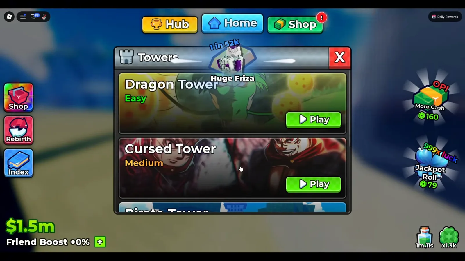 アニメダイスのTowersメニューを最上部までスクロールした画面。Dragon TowerにEasy、Cursed TowerにMediumと表記され、各右にPlayボタンがある
