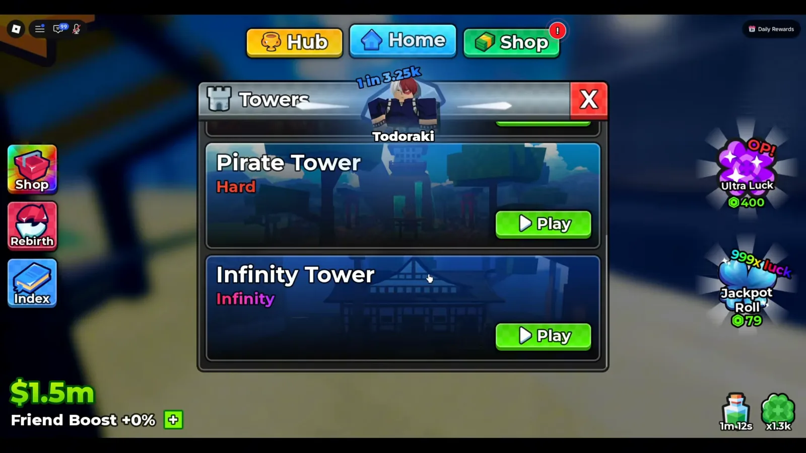 アニメダイスのTowersメニューを下までスクロールし、Hard表記のPirate Towerの下にInfinity Towerの行が見える画面