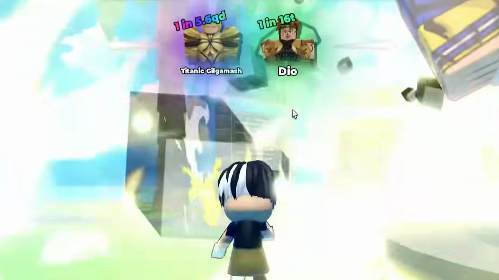 The Anime Dice hub from across the walkway with the ranking monuments in the middle distance, while the player HUD along the bottom shows a single-player session