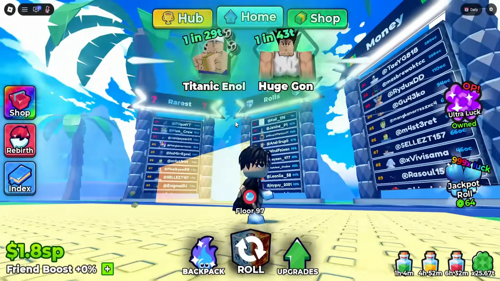 The hub at Anime Dice with the three ranking monuments visible among the walkways and in-world signage, with the player standing at Floor 97