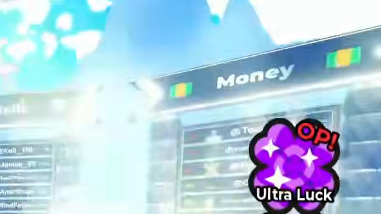 The Money leaderboard monument in Anime Dice with its header and gold ingot icon above ranked rows, most of the value column washed out by the glow of a floating shop widget