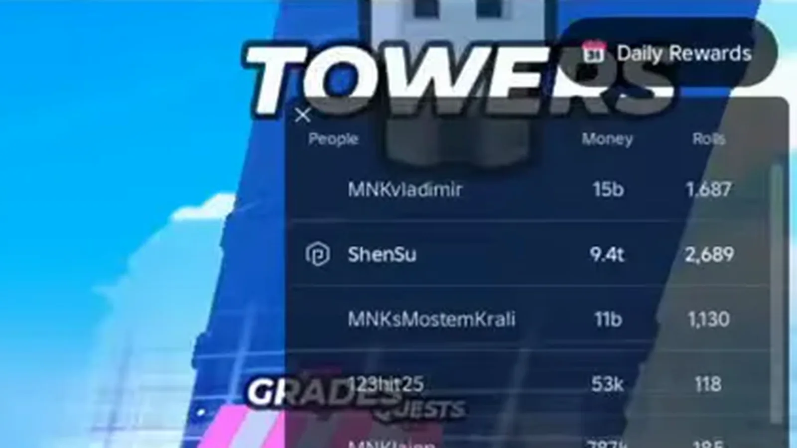 The same in-game player panel in a different session, its columns now reading People, Money and Rolls across five rows including ShenSu at 9.4t and 2,689 alongside MNKVladimir, MNKsMostemKrali, 123hit25 and MNKJainn