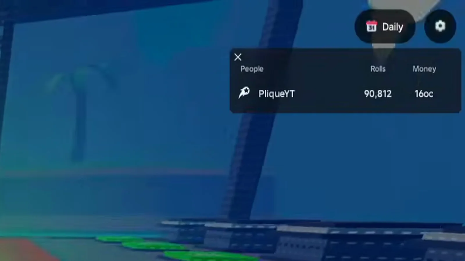 The in-game player list panel open during a session, showing an X close button and columns reading People, Rolls and Money above a single row for PliqueYT with 90,812 rolls and 16oc
