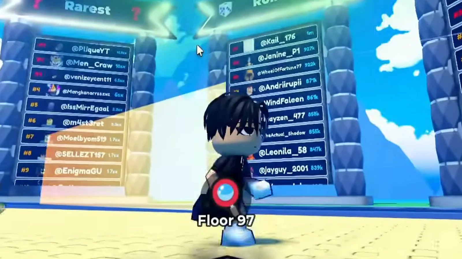 The Anime Dice hub with the Rarest leaderboard on the left and the Rolls leaderboard on the right, both showing nine ranked rows with badges, avatars and usernames, above the hub floor