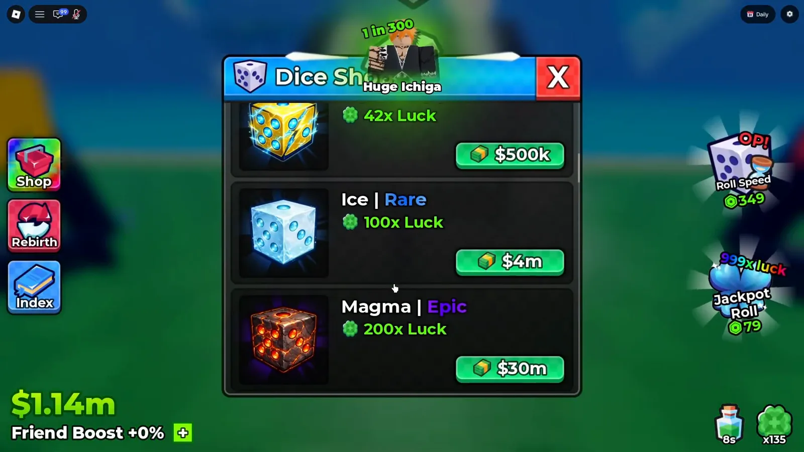 Anime Dice Dice Shop panel showing a 42x Luck dice priced $500k above Ice at Rare with 100x Luck for $4m and Magma at Epic with 200x Luck for $30m, each row carrying its green cash price pill
