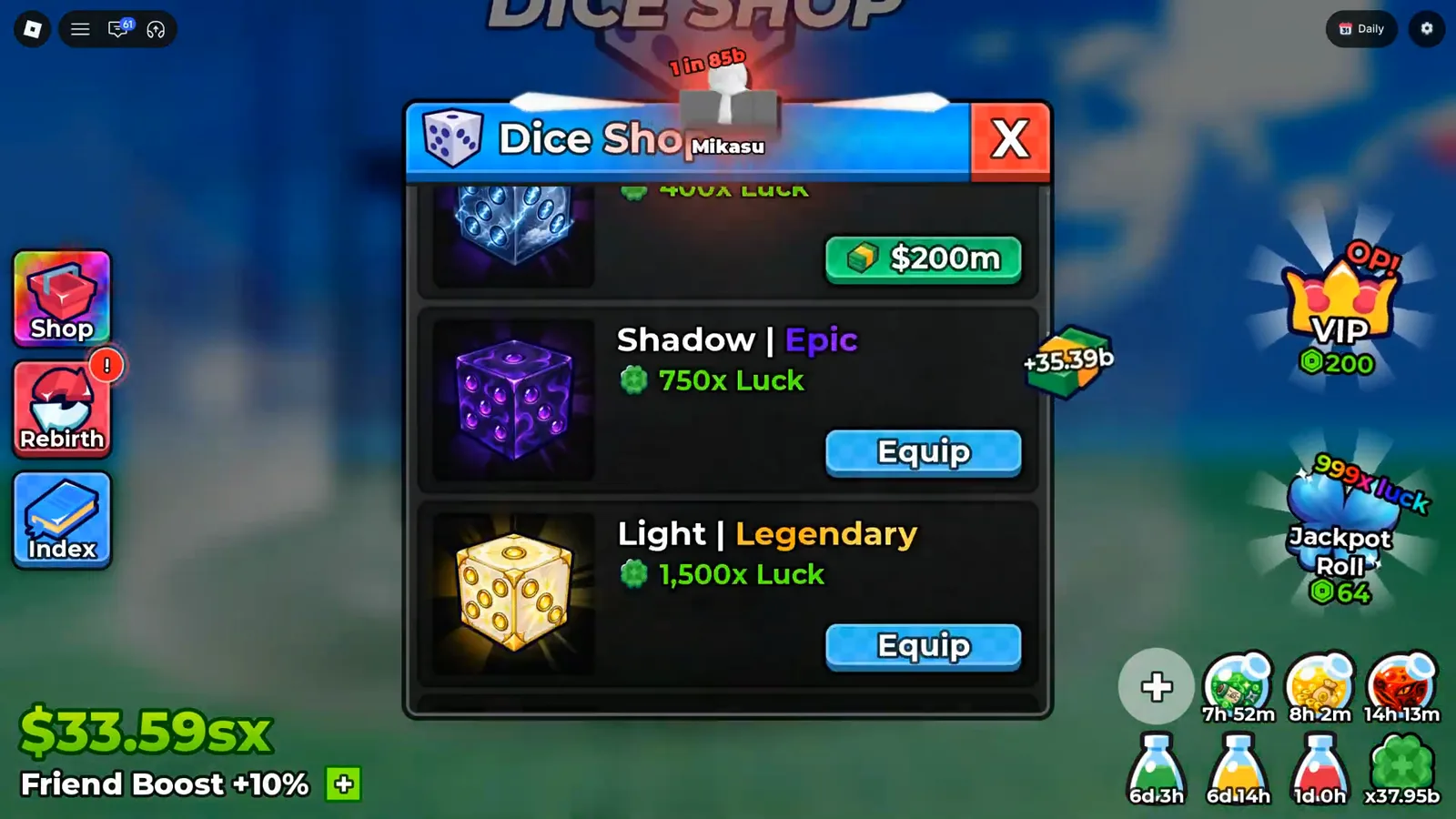 Anime Dice Dice Shop panel scrolled to a 400x Luck row priced $200m, Shadow at Epic with 750x Luck and Light at Legendary with 1,500x Luck, the owned rows showing blue Equip buttons