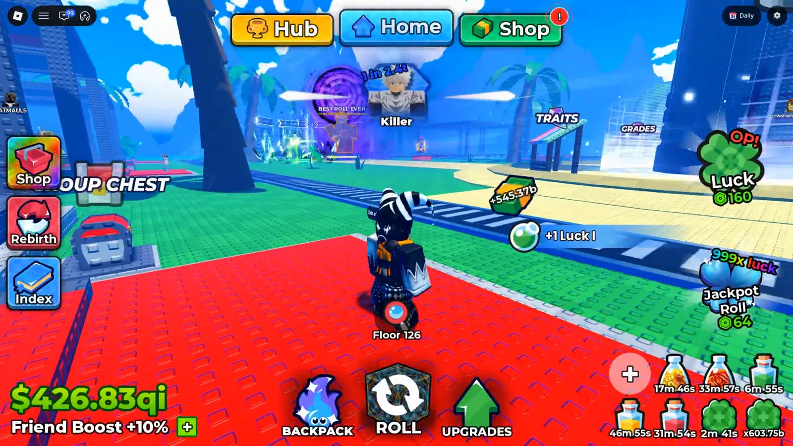 Anime Dice hub with a floating +1 Luck I pickup beside the player under a 1 in 2.4t Killer nameplate, the OP! Luck gamepass card showing a green 160 Robux price on the right edge above the 999x luck Jackpot Roll quick-buy, and two rows of potion countdowns along the bottom
