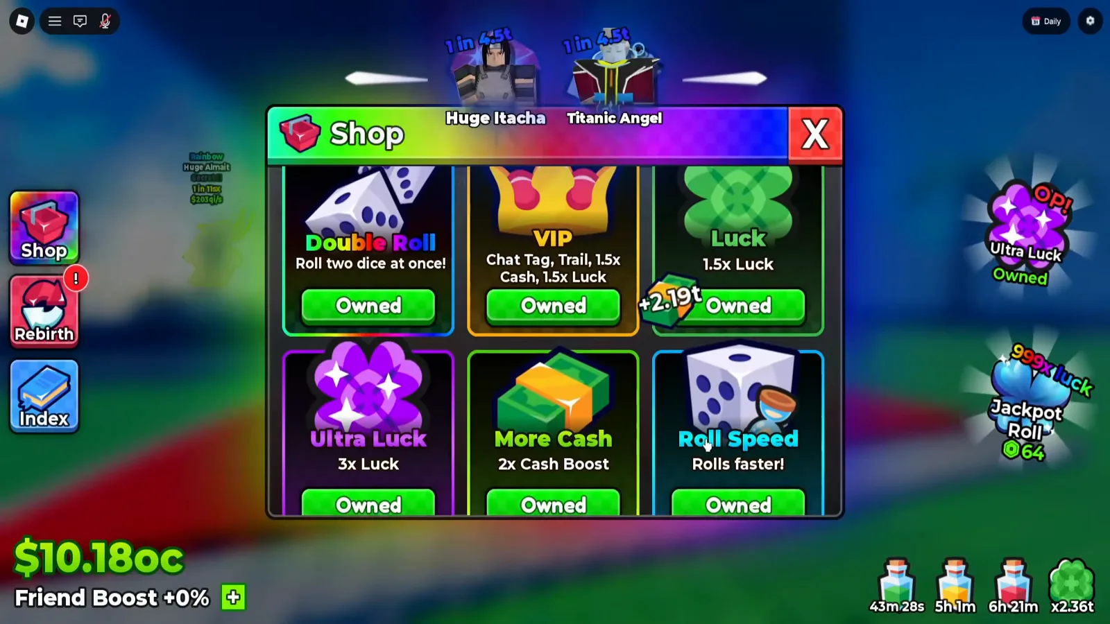 Anime Dice Shop panel showing the six gamepass cards with their effect text — Double Roll Roll two dice at once, VIP Chat Tag Trail 1.5x Cash 1.5x Luck, Luck 1.5x Luck, Ultra Luck 3x Luck, More Cash 2x Cash Boost and Roll Speed Rolls faster — every card reading Owned
