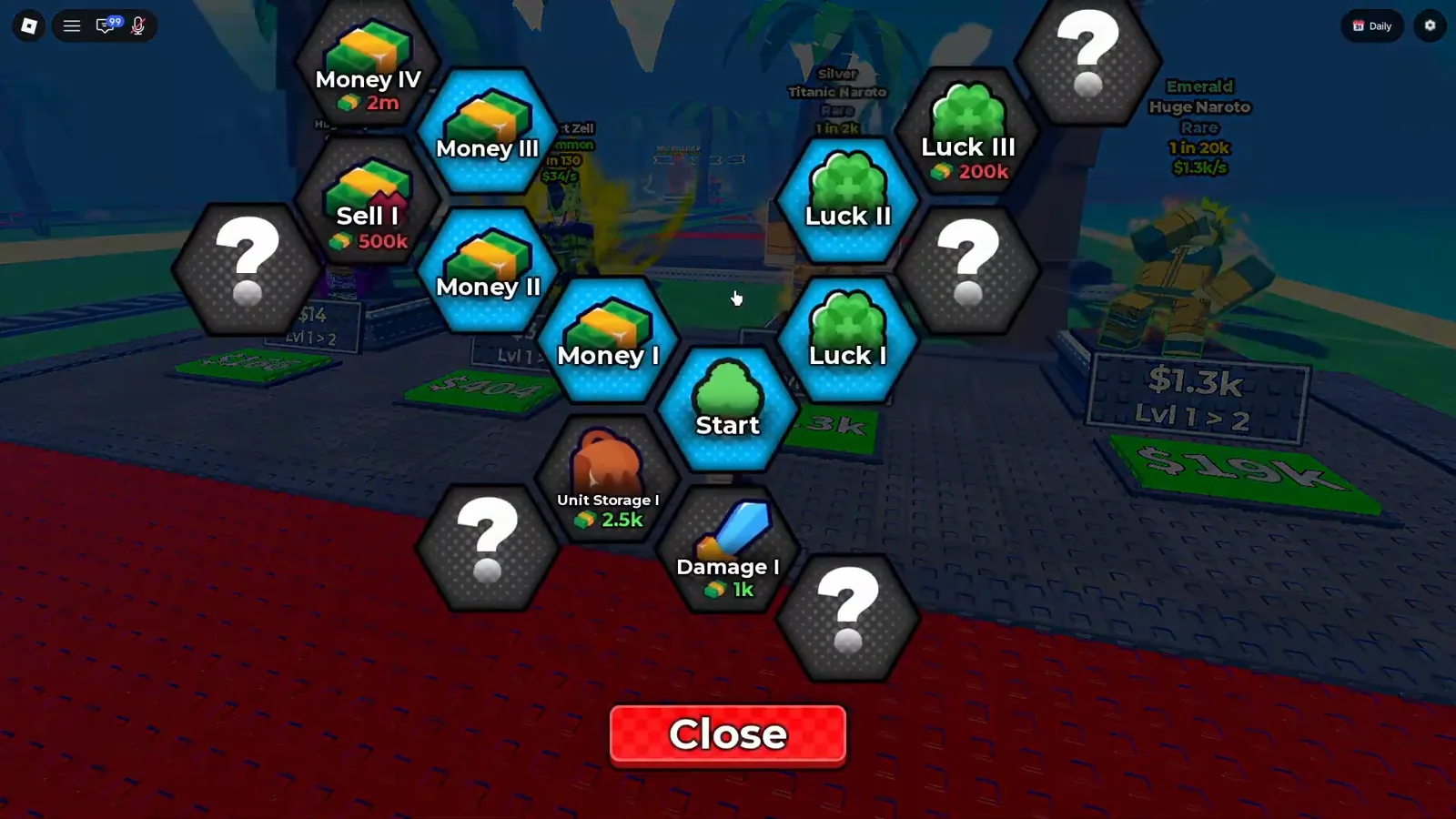 Anime Dice Upgrades hexagon tree with the four-leaf-clover Luck branch reading Luck I, Luck II and Luck III, a green 200k price under Luck III, beside Money I, Start, Unit Storage I at 2.5k and Damage I at 1k