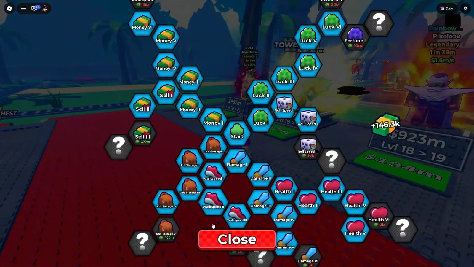 Anime Dice Upgrades tree late in a session with the Luck chain running from Luck I through Luck VII, a 30b price under Luck VII and a purple-clover Fortune I node priced 10qd, beside Roll Speed nodes and a red Close button