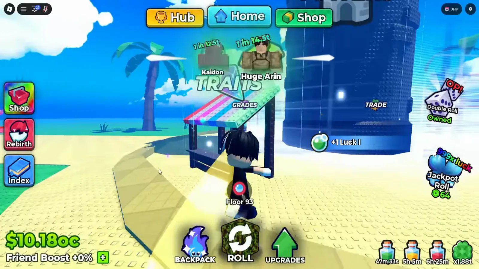 Anime Dice hub with a green +1 Luck I world pickup floating beside the player, the potion countdown strip along the bottom right reading 47m 33s, 5h 5m and 6h 25s, and the TRAINS and GRADES signs behind