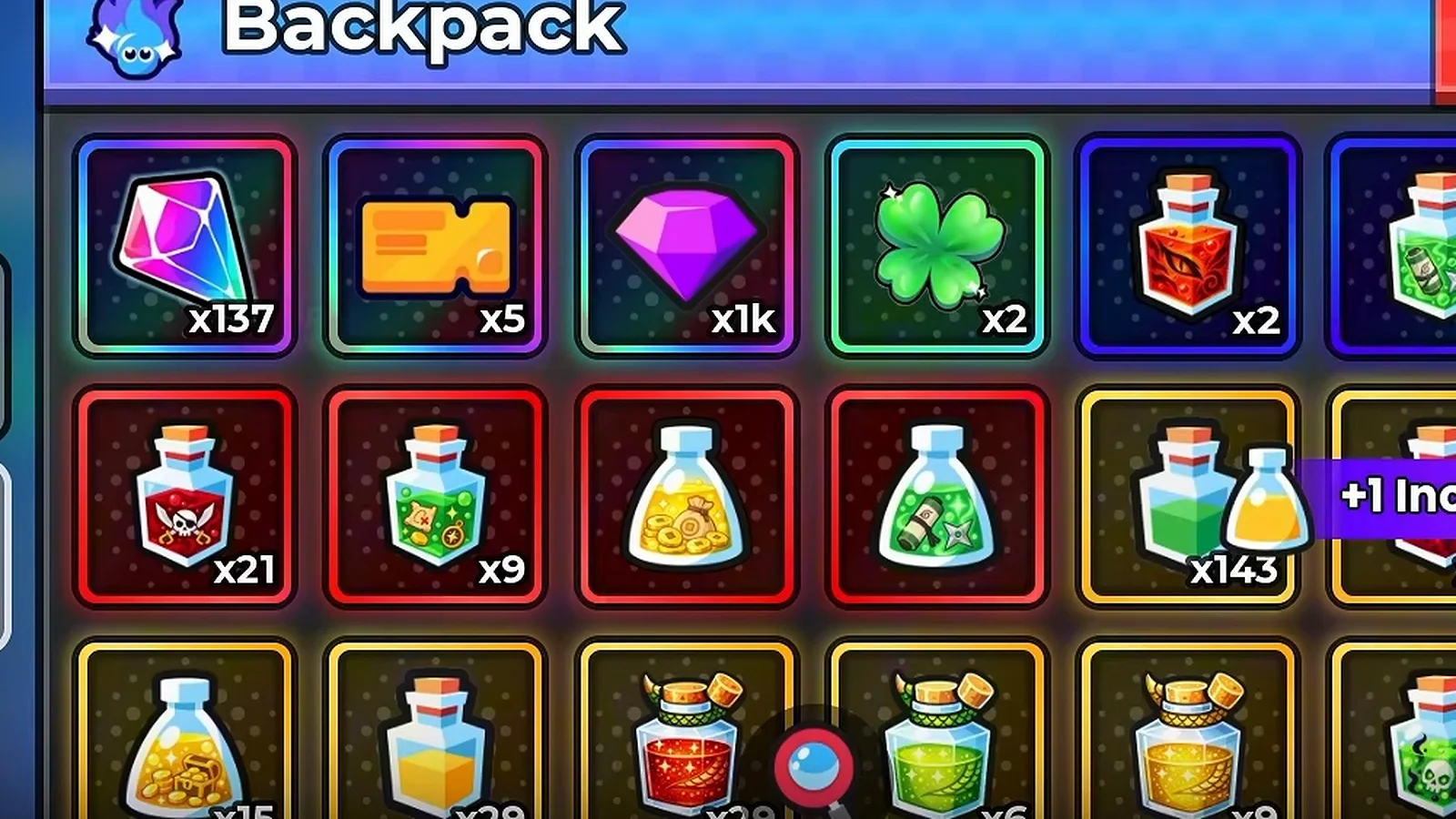 Anime Dice Backpack Items tab showing a Lucky Spin stack of two green four-leaf clovers beside a 137 stack of pink Trait Reroll crystals, a 5 stack of orange Tickets and a 1k stack of purple Gems