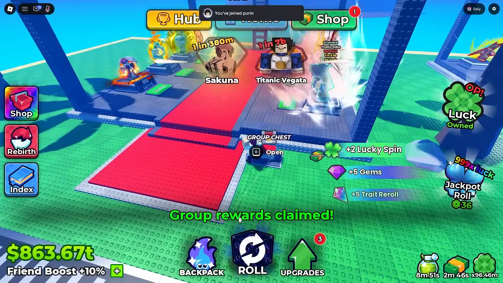 Anime Dice hub seconds after the Group Rewards Claim button is pressed, with a green Group rewards claimed banner and pickup toasts reading plus 2 Lucky Spin, plus 5 Gems and plus 5 Trait Reroll beside the GROUP CHEST
