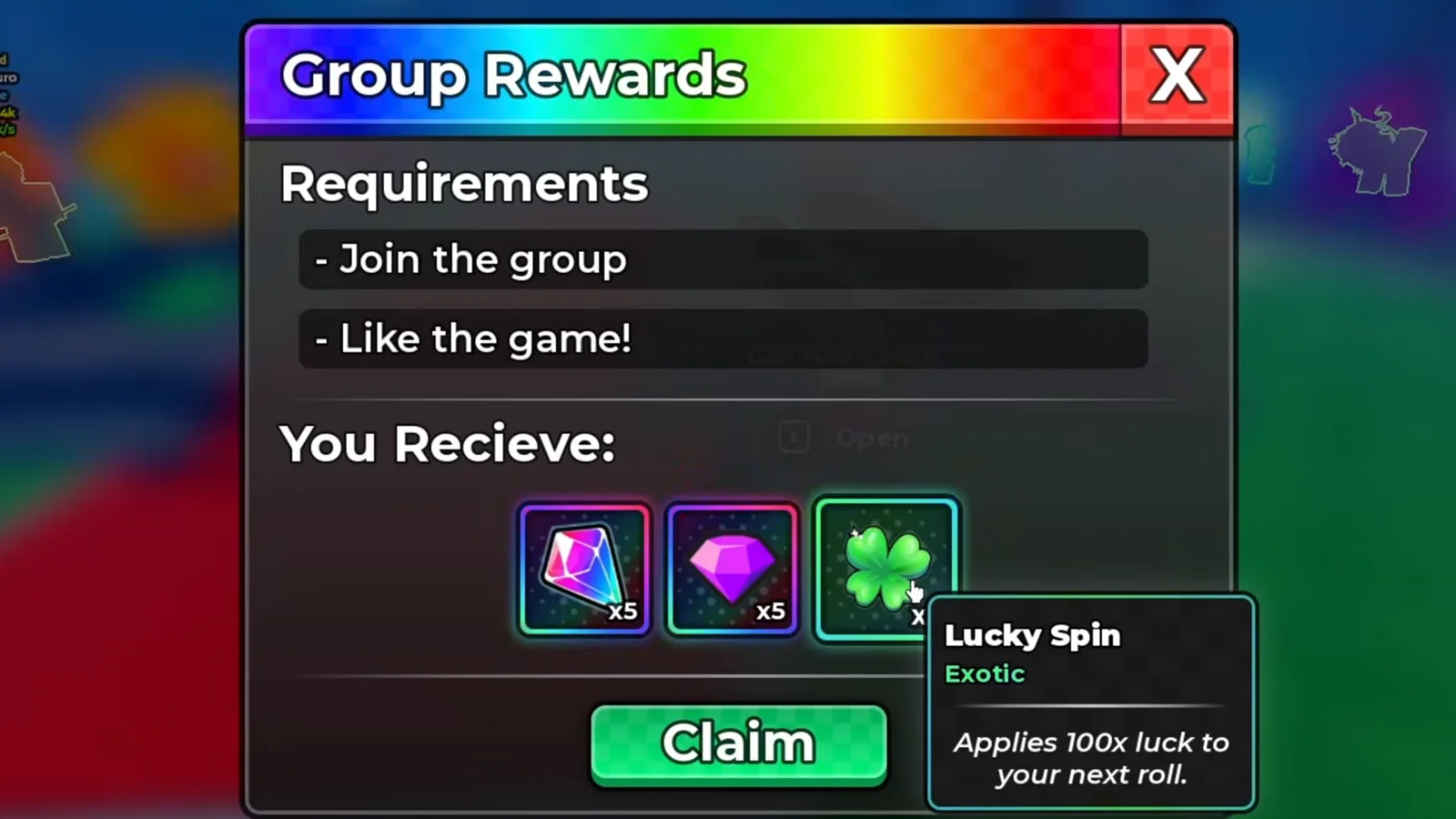 Anime Dice Group Rewards panel with the Lucky Spin tooltip open over the green four-leaf clover reward tile, reading Lucky Spin with the rarity Exotic and the effect line Applies 100x luck to your next roll