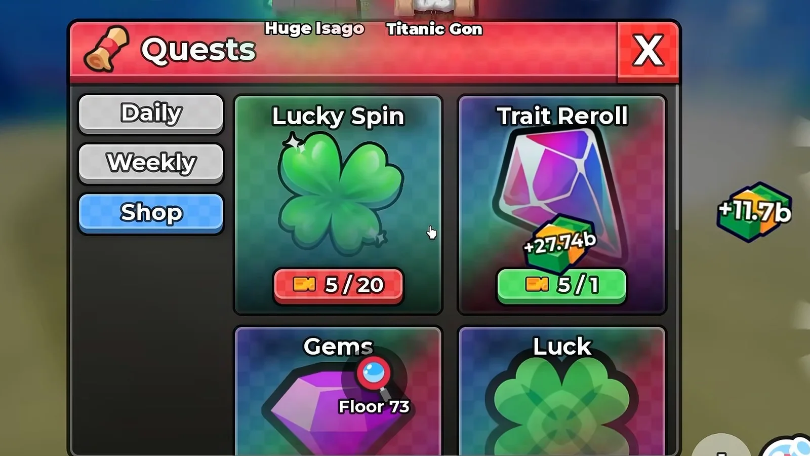 Anime Dice Quests panel open on the Shop tab showing the Lucky Spin card as a green four-leaf clover with a red ticket badge reading 5 slash 20 beside a Trait Reroll card badged 5 slash 1