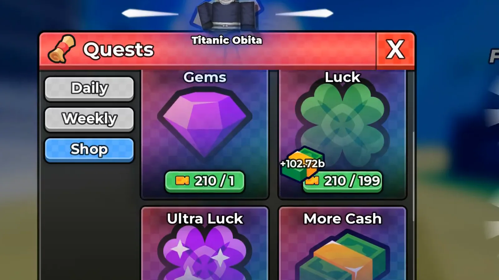 Anime Dice Quests Shop tab on an account holding 210 Tickets, where the Gems card badge reads 210 slash 1 in green and the Ultra Luck card badge reads 210 slash 599 in red