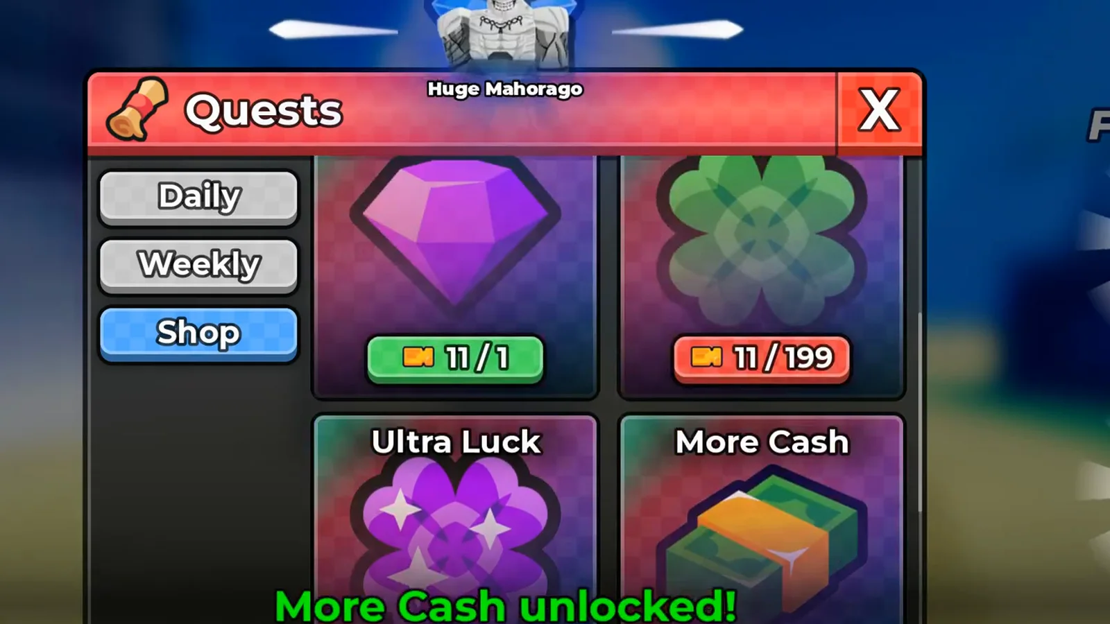 Anime Dice Quests Shop tab one second after a 199-Ticket card is bought, its badges now reading 11 slash 1 and 11 slash 199 under a green More Cash unlocked banner