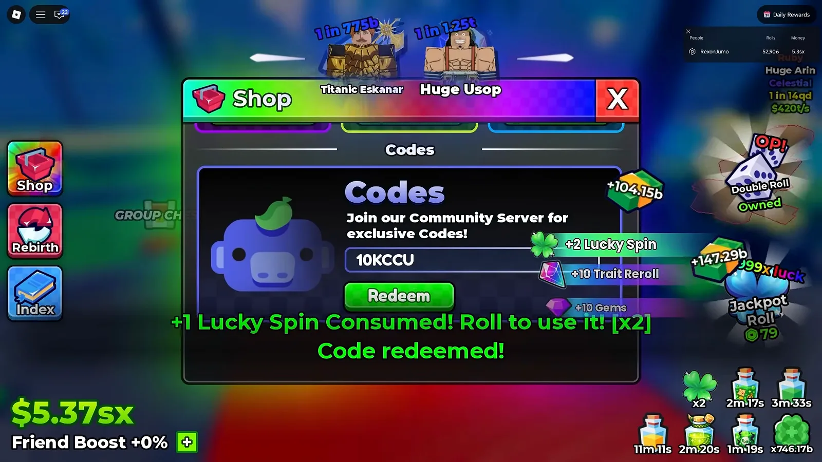 Anime Dice Shop Codes tab with the code 10KCCU entered and grant toasts for +2 Lucky Spin, +10 Trait Reroll and +10 Gems under a banner reading +1 Lucky Spin Consumed! Roll to use it! [x2]