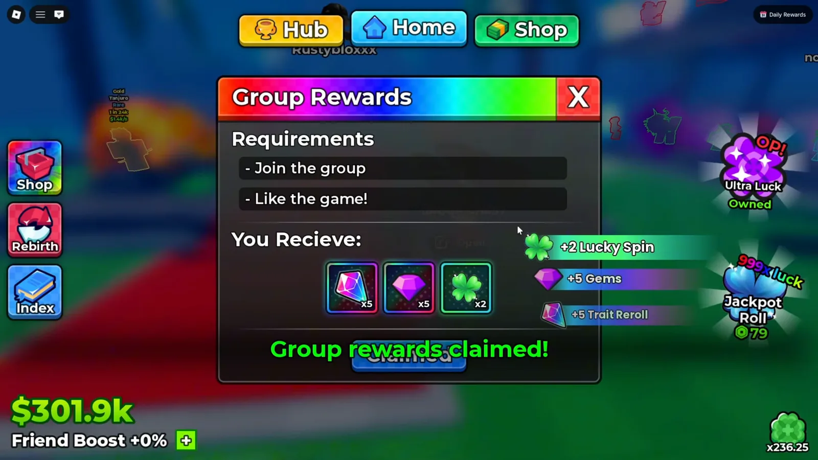Anime Dice Group Rewards panel after claiming with a Group rewards claimed! banner and toasts for +2 Lucky Spin, +5 Gems and +5 Trait Reroll