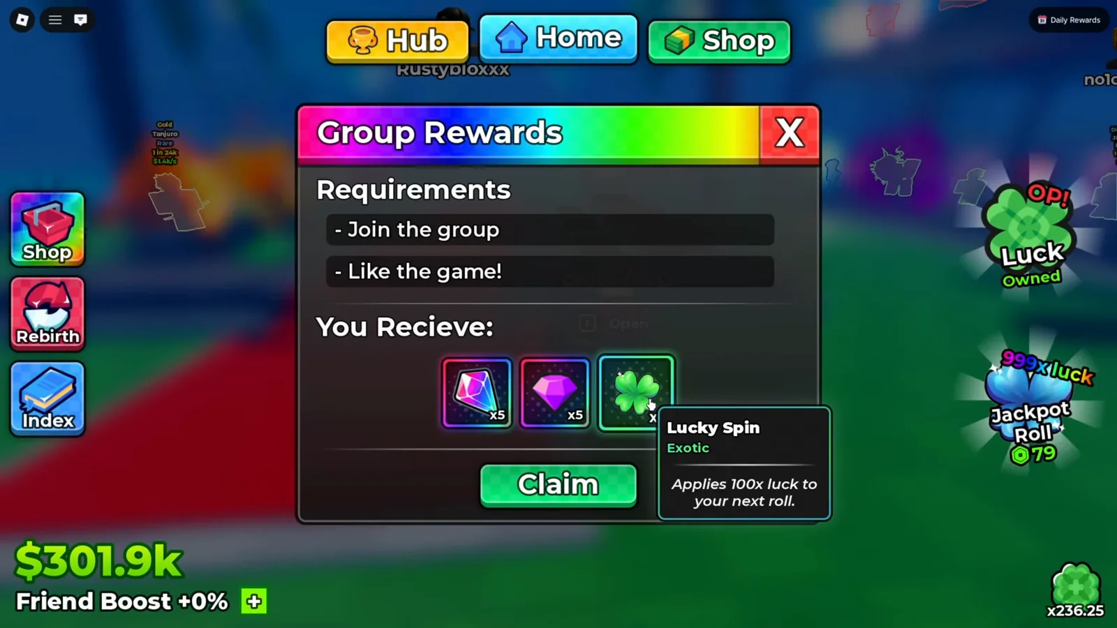 Anime Dice Group Rewards panel listing Join the group and Like the game requirements with a Lucky Spin tooltip reading Applies 100x luck to your next roll open over the clover icon