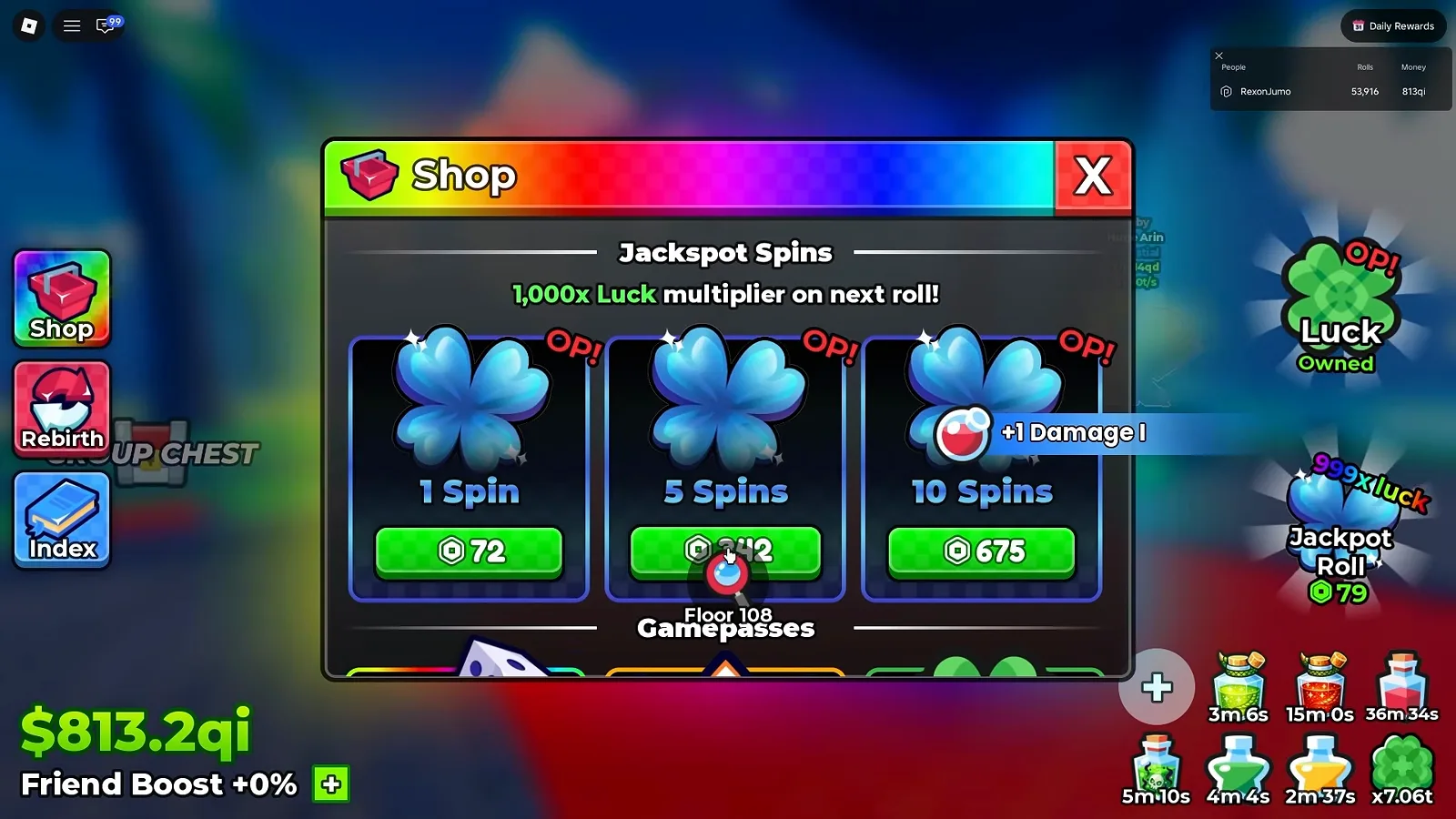 Anime Dice Shop panel section headed Jackspot Spins advertising a 1,000x Luck multiplier on next roll with 1 Spin priced 72, 5 Spins priced 342 and 10 Spins priced 675 Robux