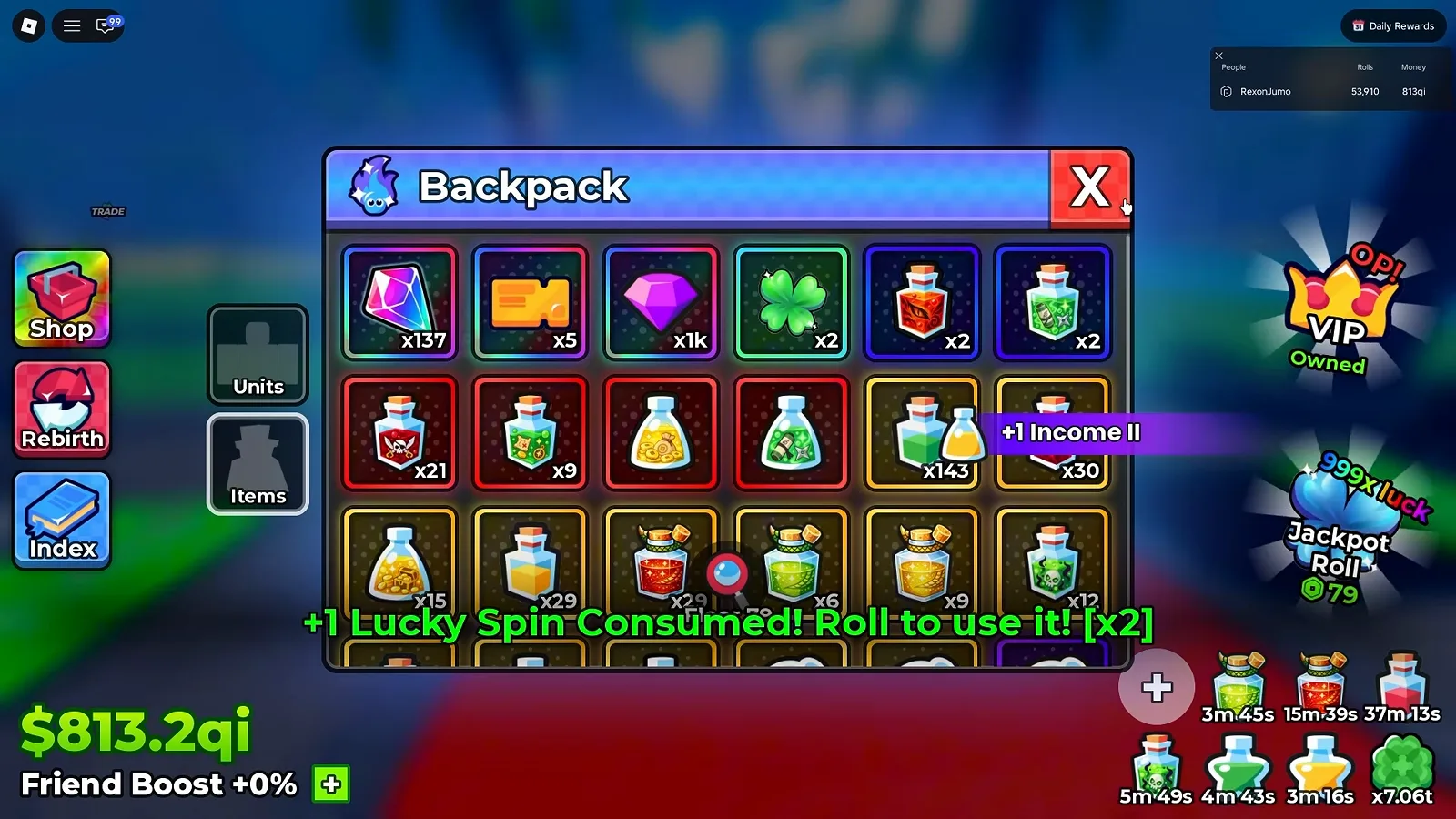 Anime Dice Backpack Items tab showing a Lucky Spin x2 stack beside the potions while a green banner reads +1 Lucky Spin Consumed! Roll to use it! [x2] across the grid