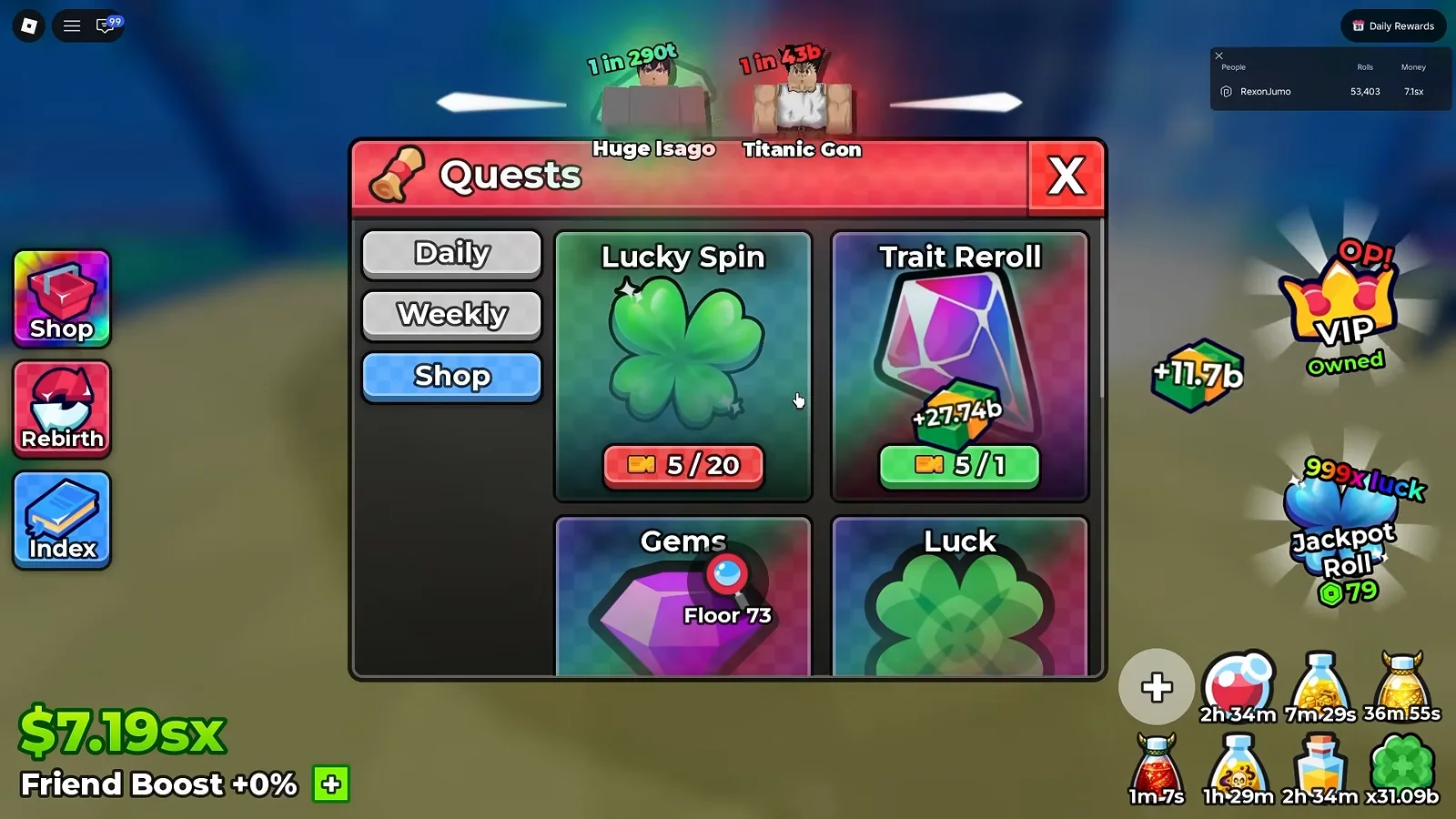 Anime Dice Quests panel on the Shop tab showing the Lucky Spin card with a 5 / 20 ticket price pill beside the Trait Reroll card at 5 / 1 above Gems and Luck cards