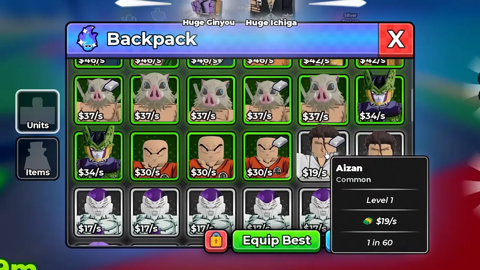 The Anime Dice Backpack Units tab with a grid of unit cards each carrying a cash-per-second line, and a hover tooltip naming Aizan as Common, Level 1, $19/s at 1 in 60, with an Equip Best button below the grid