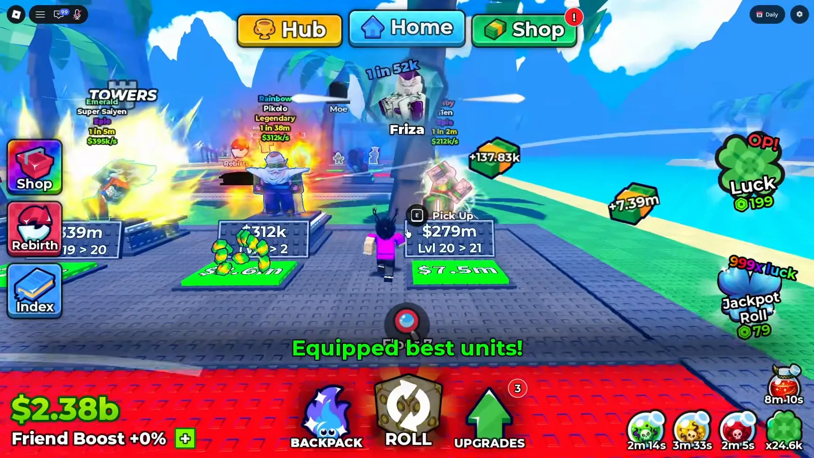 The Anime Dice hub cash counter reading $2.38b in yellow-green above the white line Friend Boost +0% near the end of a long session, with the TOWERS sign and combat in the background