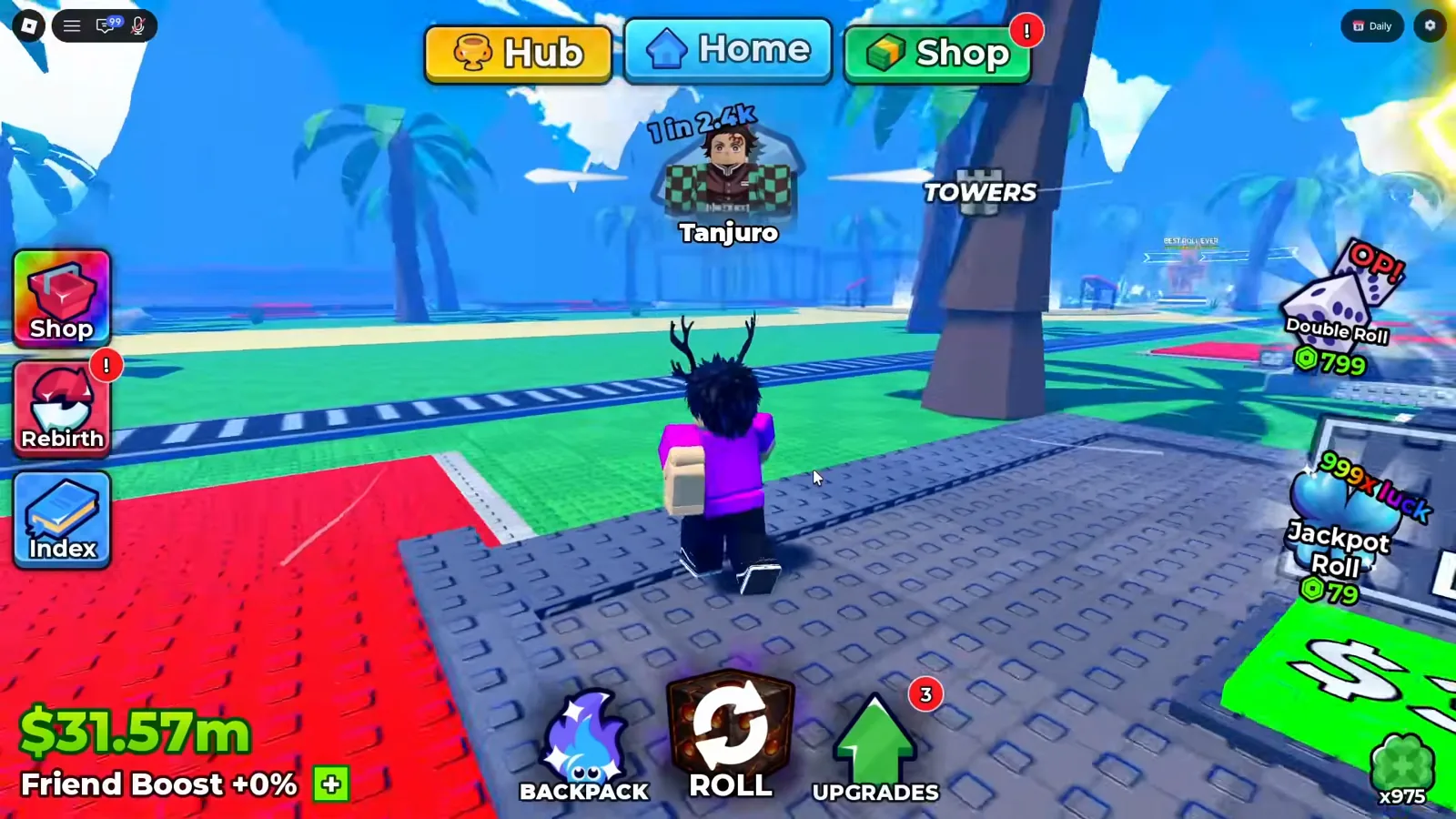 The Anime Dice hub mid-session with the cash counter reading $31.57m above Friend Boost +0%, a unit nameplate in the middle distance and no income panel anywhere on the screen