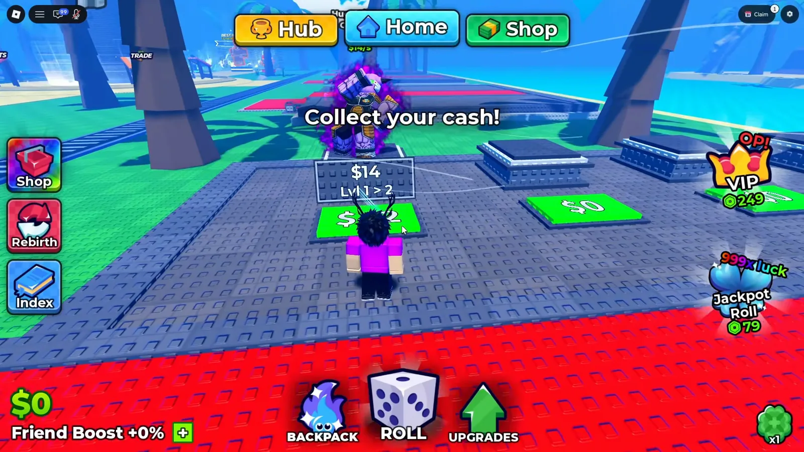 The Anime Dice Home area with the world prompt Collect your cash! printed over a unit standing on its plot, a plate reading $14 with Lvl 1 > 2 under it, and the HUD cash counter reading $0 under Friend Boost +0%