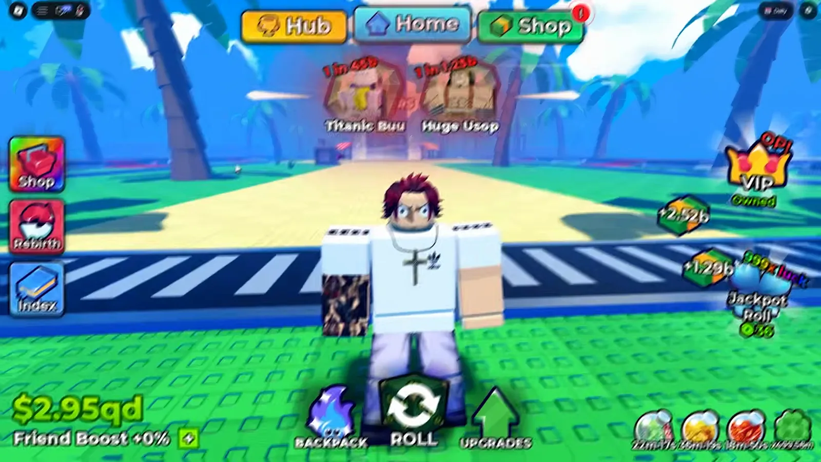 The Anime Dice hub HUD with its cash counter reading $2.95qd above the white line Friend Boost +0%, a VIP Owned badge and a Jackpot Roll counter on the right, and two ranked unit nameplates floating in the world