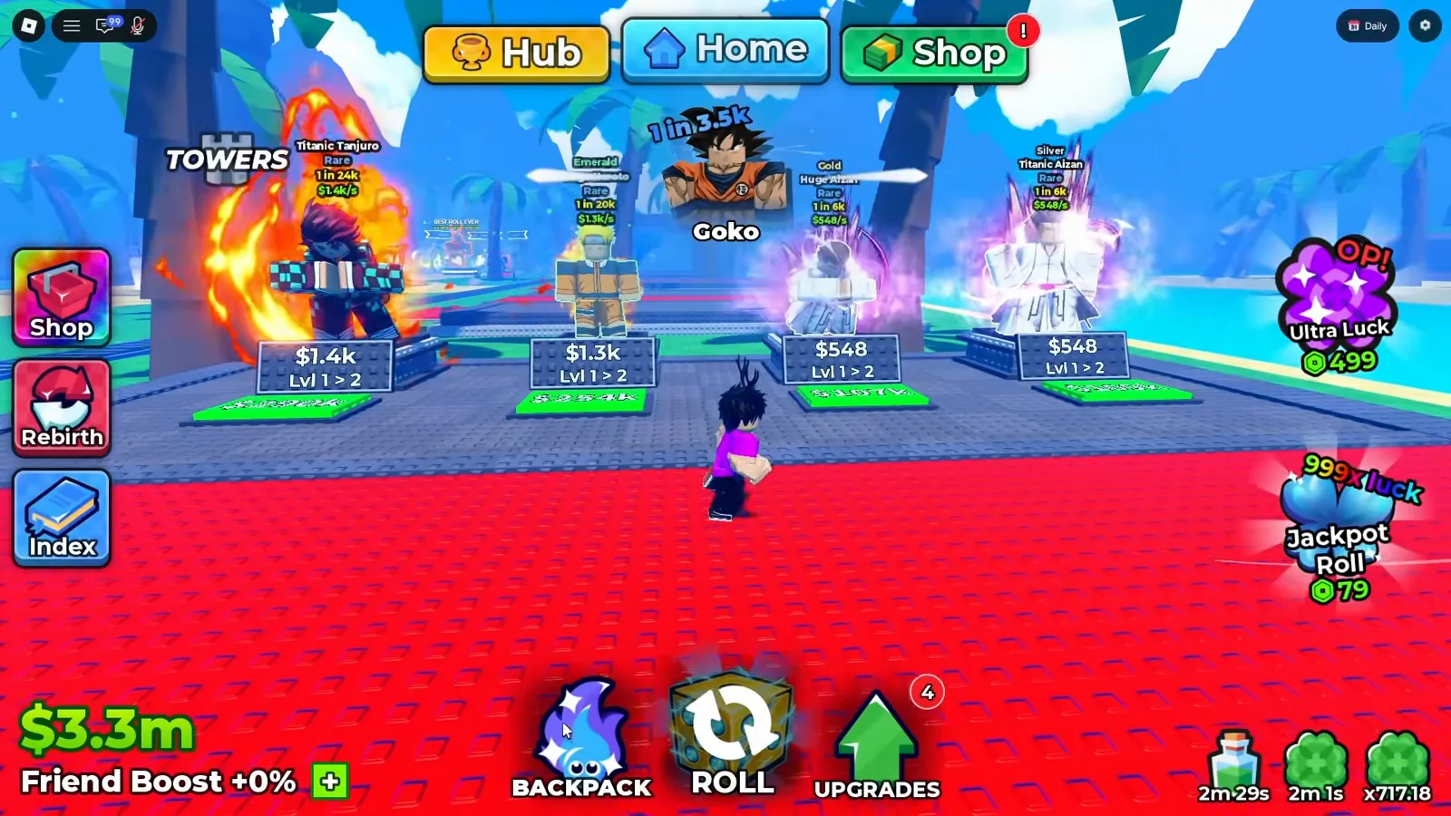Four Anime Dice plots in the hub, each holding a unit whose floating nameplate reads Rare with a 1 in figure and a green cash-per-second line — Titanic Tanjuro at $1.4k/s, Emerald at $1.3k/s, and Gold Huge Aizan and Silver Titanic Aizan at $548/s each — with an upgrade plate reading Lvl 1 > 2 under each one