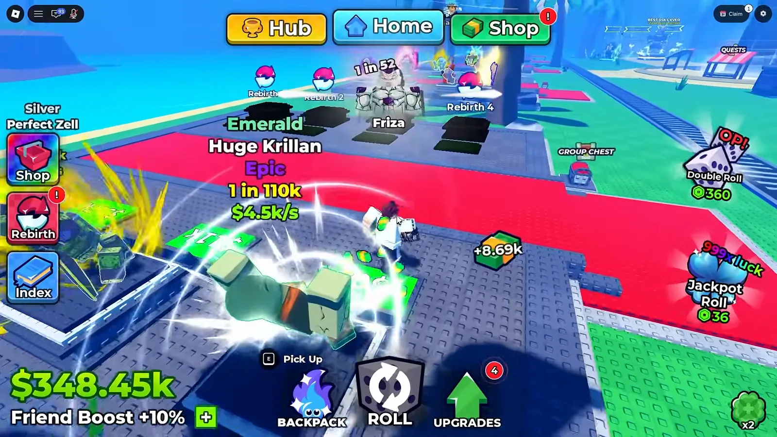 The Anime Dice hub HUD with the cash counter reading $348.45k above the white line Friend Boost +10% and a green plus button, with the units Huge Krillan and Friza in the middle distance