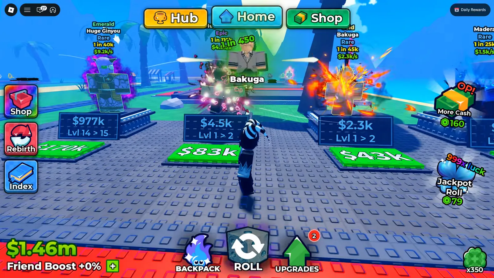 名前の上のEmeraldラベル——これは変異であり新レアリティではない アニメダイスのアップグレード画面。Emerald変異ラベル付きのRare「Huge Ginyou」カードがラベルなしのRare・Epicと並んでいる