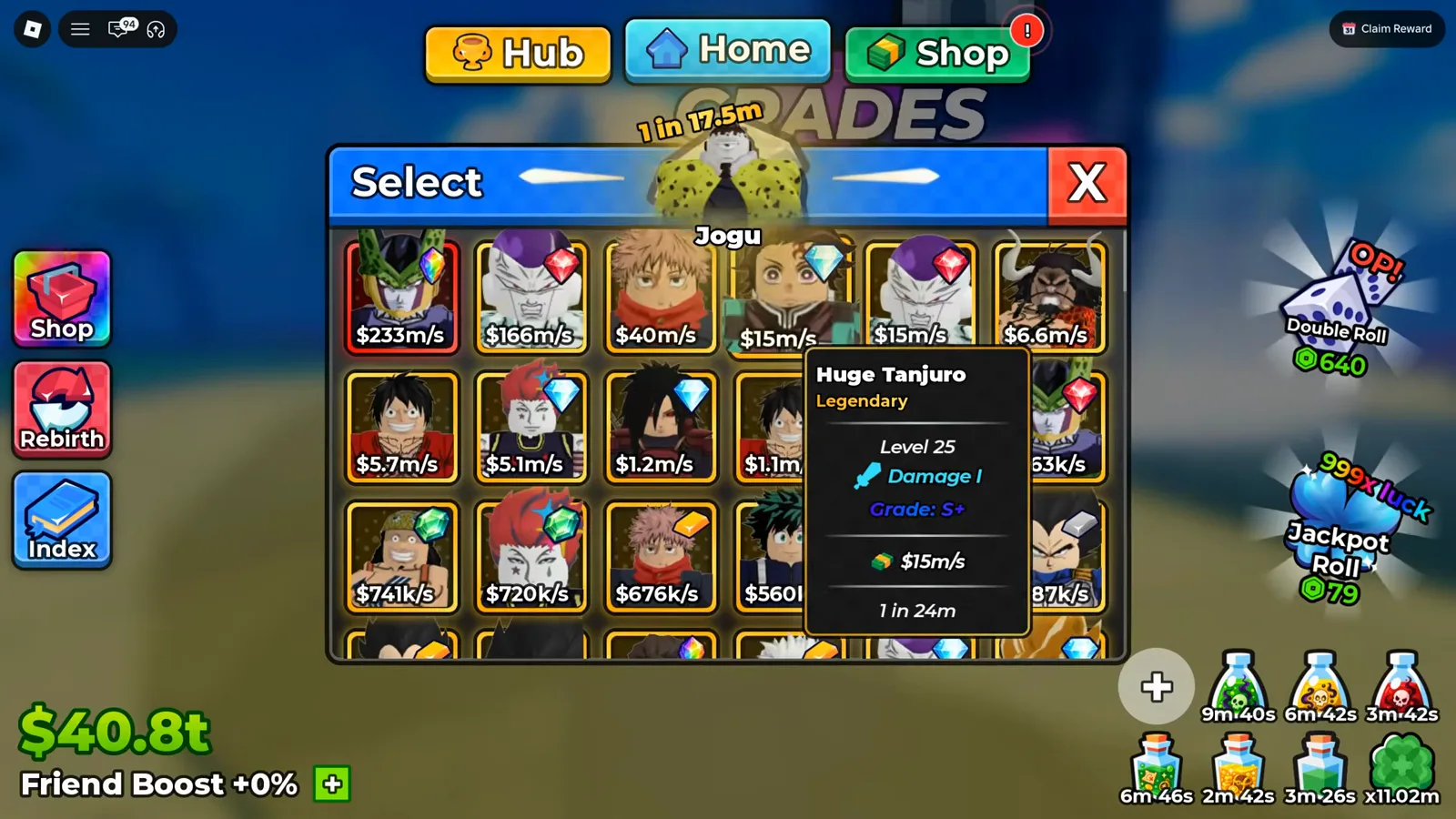 Diamondラベルでレアリティは不変、収入を押し上げているのはS+側のグレード Diamond変異付きHuge Tanjuroのユニットカード。Grade S+がレベルと毎秒キャッシュ収益の上に表示される