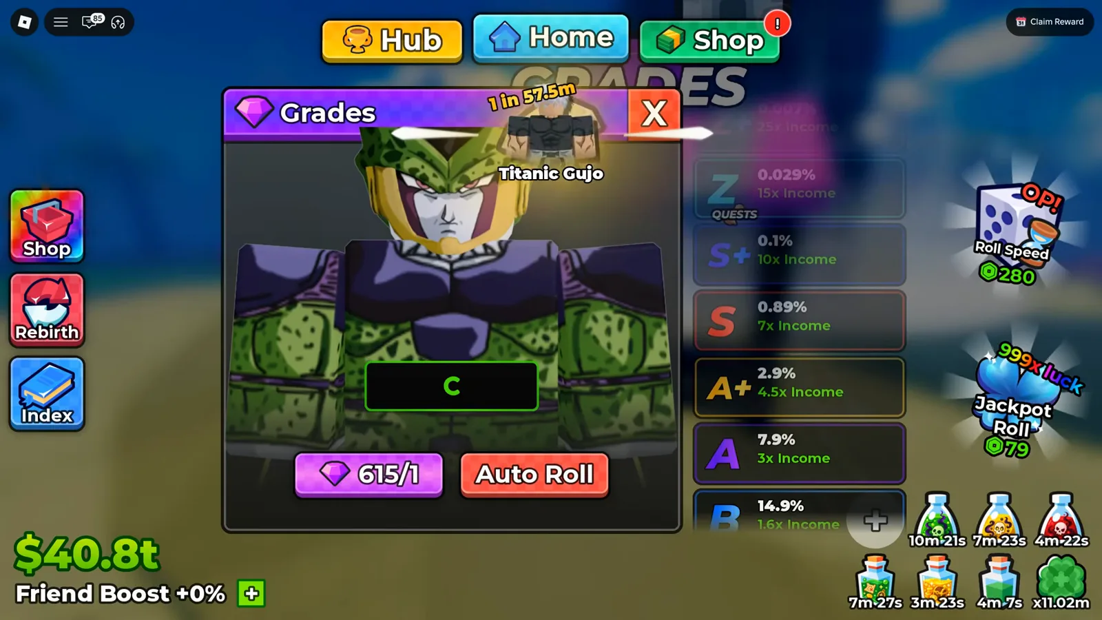 グレードの階梯=英字・倍率・確率・Auto Rollが1枚のパネルに アニメダイスのGradesメニュー。BからZまでの収益倍率と確率列、Auto Rollトグルがユニットカードの隣に表示される