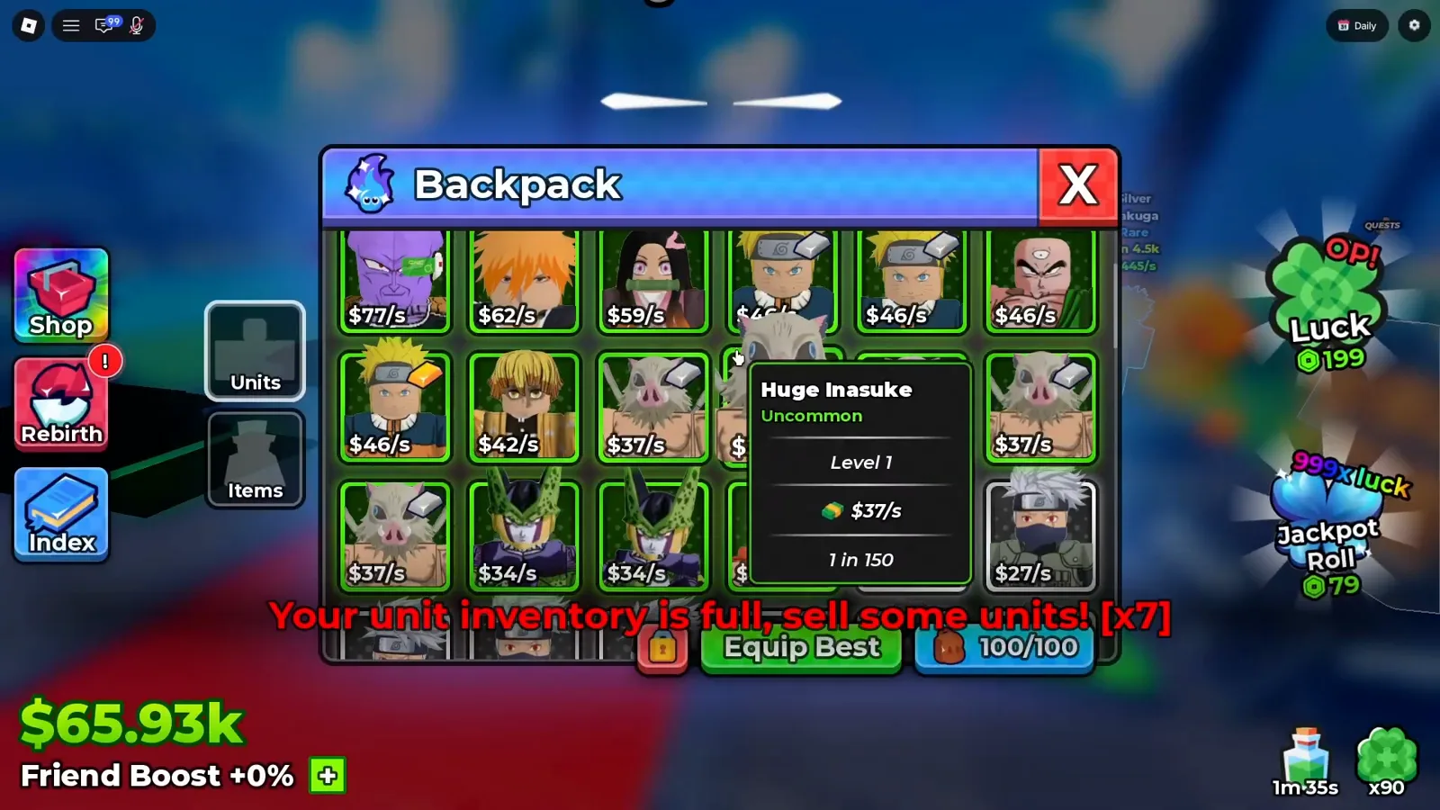 The panel in full: cards, one tooltip, one button and the only slot count the client prints anywhere Anime Dice Backpack panel at 5:06 with the Units and Items tabs, a grid of owned unit cards labelled from 77 per second down to 27 per second, a hover tooltip reading Huge Inasuke, Uncommon, Level 1, 37 per second and 1 in 150, a green Equip Best button, and a capacity counter at the bottom right reading 100 of 100